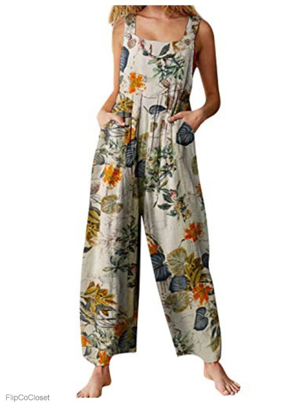 Women's Loose Fit Wide Leg Floral Printed Overall Jumpsuit with Pockets